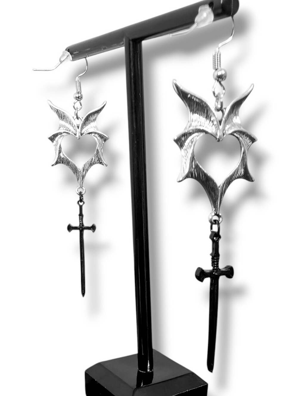 NWT Handmade Silver Bat Wing Earrings with Dangly Black Sword